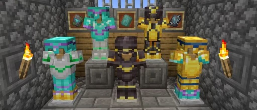 Close-up of Minecraft armor pieces with various trims, highlighting customization options for players