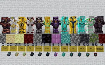 Minecraft character wearing custom armor with detailed armor trims, showcasing unique designs and colors