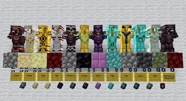 Minecraft character wearing custom armor with detailed armor trims, showcasing unique designs and colors