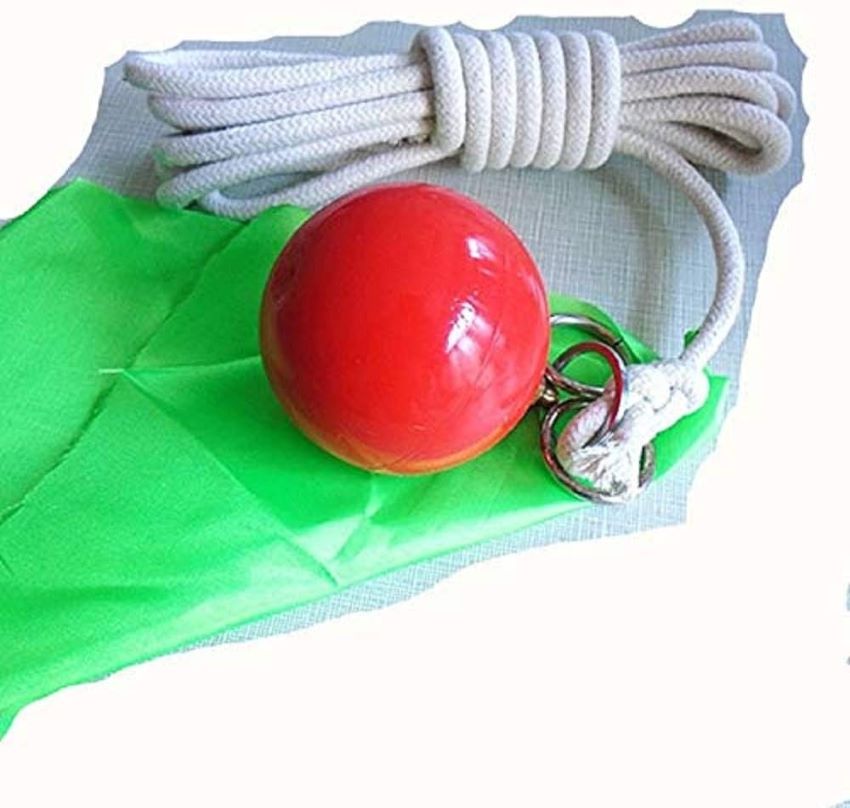 Suzakoo rubber fitness ball with rope set up for conditioning workouts.