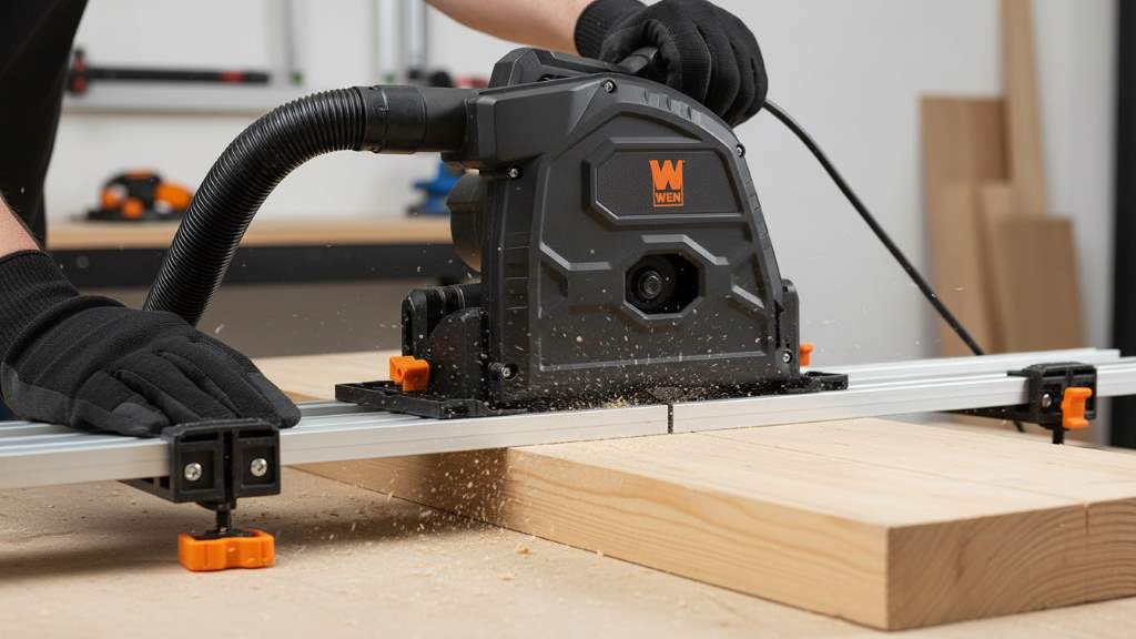 WEN 7.25-inch track saw plunging into wood with dust collection attached