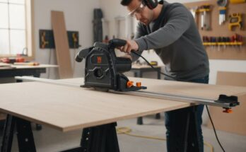 Woodworker using a track saw to make a precise straight cut on plywood sheet