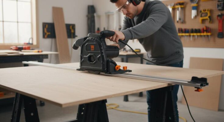 Woodworker using a track saw to make a precise straight cut on plywood sheet