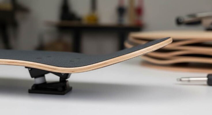 7-ply Canadian maple skateboard deck showing layered construction and concave shape