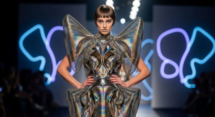 Avant garde fashion runway showing model wearing experimental metallic mesh dress with sculptural elements