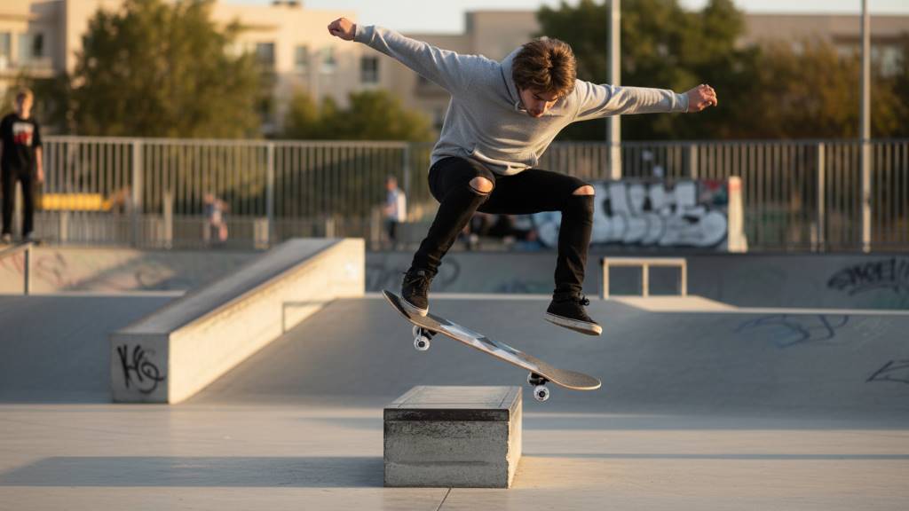Rider performing an ollie on a WhiteFang 31-inch complete skateboard in a skate park