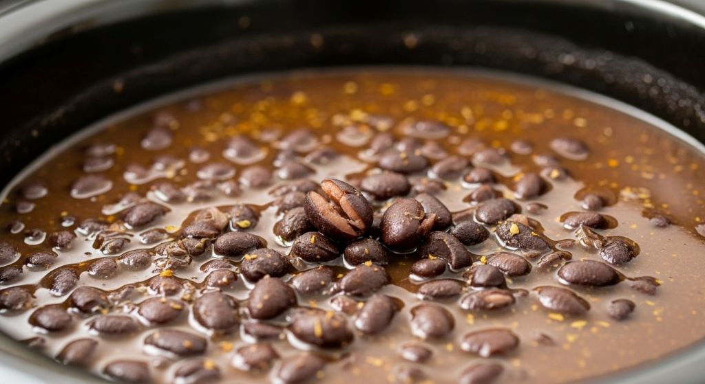 Cooked black beans in slow cooker with creamy texture and flavorful cooking liquid visible