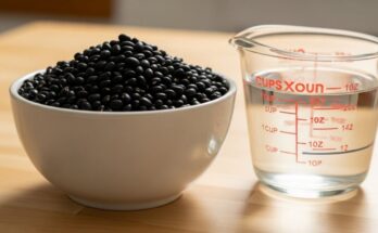 Dried black beans in white bowl ready for slow cooker preparation with measuring cup of water nearby
