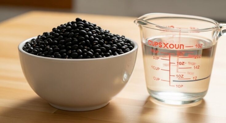 Dried black beans in white bowl ready for slow cooker preparation with measuring cup of water nearby