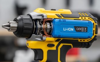 Lithium-ion battery inside cordless power tool showing internal cells