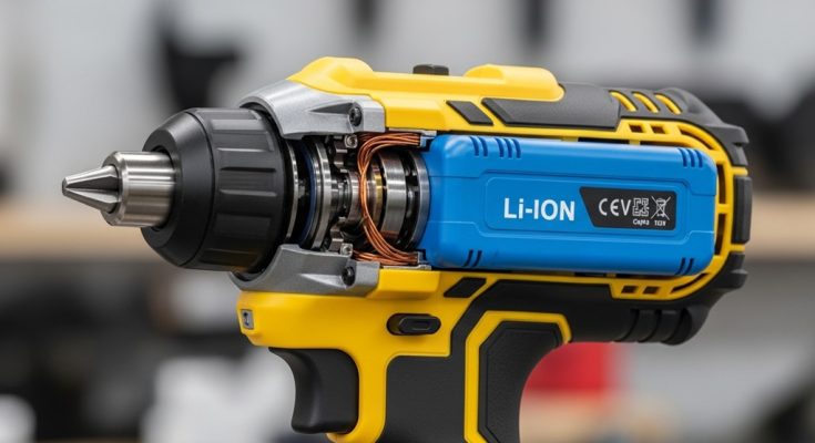 Lithium-ion battery inside cordless power tool showing internal cells
