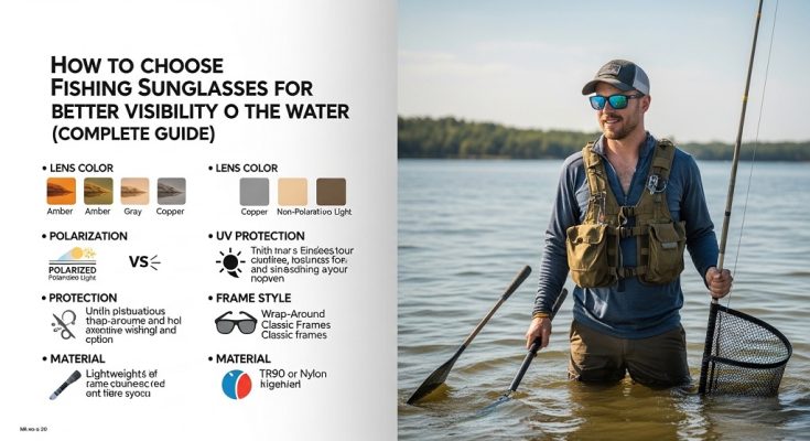 Angler wearing polarized fishing sunglasses spotting fish in shallow water