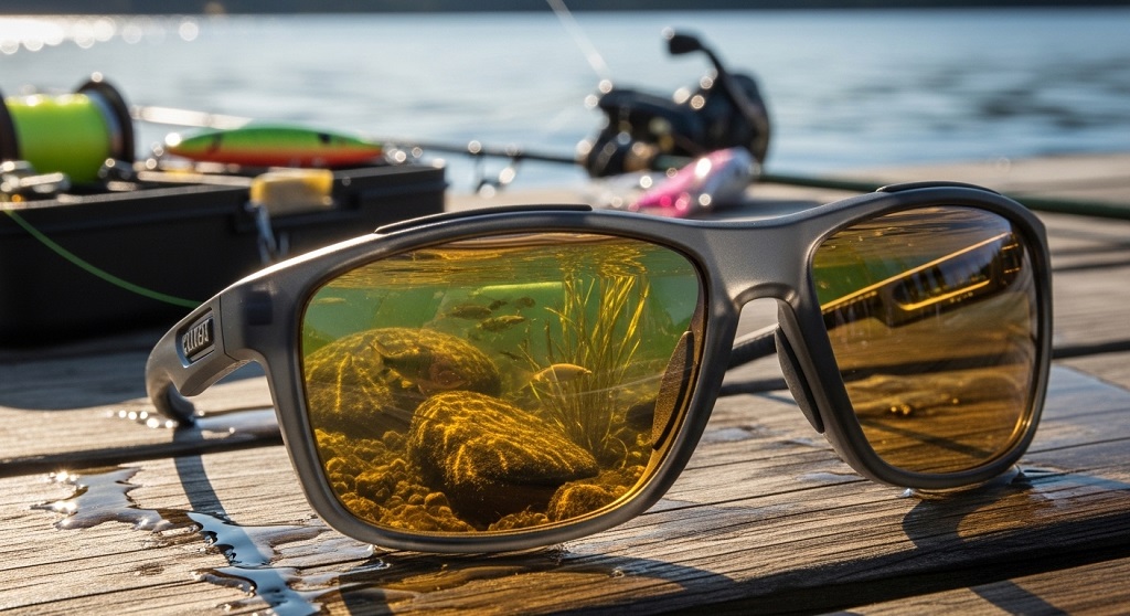 Different lens colors for fishing sunglasses shown for freshwater and saltwater use