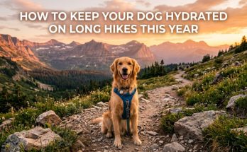 Happy Golden Retriever on a mountain trail with text overlay about dog hydration on long hikes.