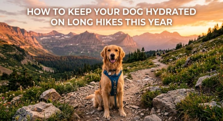 Happy Golden Retriever on a mountain trail with text overlay about dog hydration on long hikes.