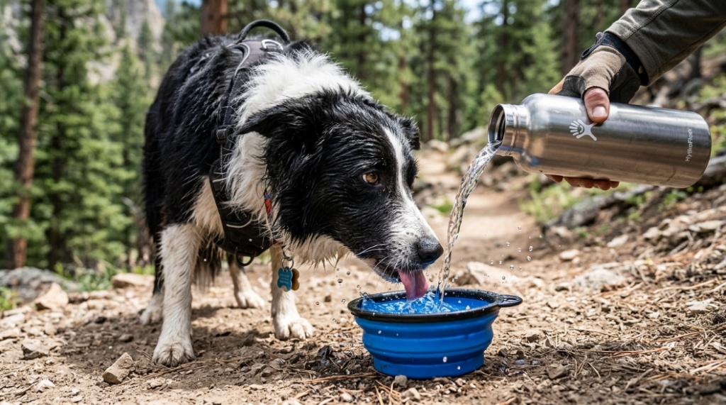 Close-up of a Border Collie drinking water from a collapsible bowl on a hiking trail.