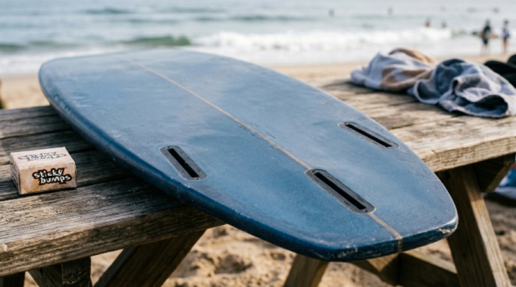 Close-up of a surfboard deck showing freshly applied wax, a traction pad, and a fin box as part of essential surf gear setup