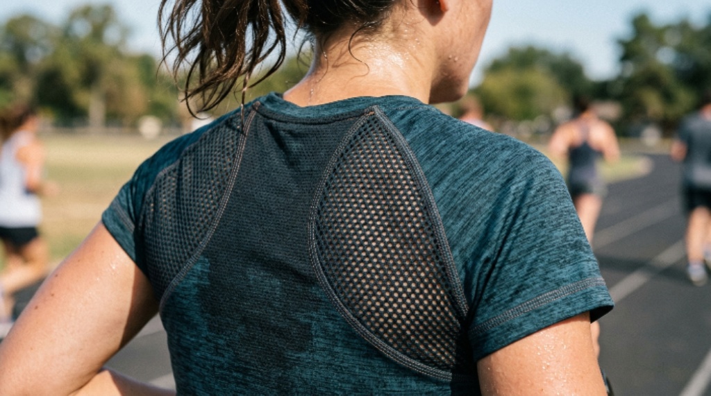Close-up of a breathable athletic shirt with mesh ventilation panels designed for hot weather workouts