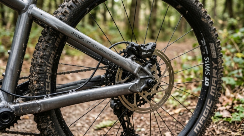 Close-up of a corrosion-resistant aluminum MTB frame with disc brakes and knobby tires