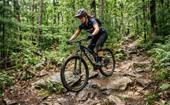 Rider on a lightweight aluminum hardtail mountain bike navigating a rocky forest trail