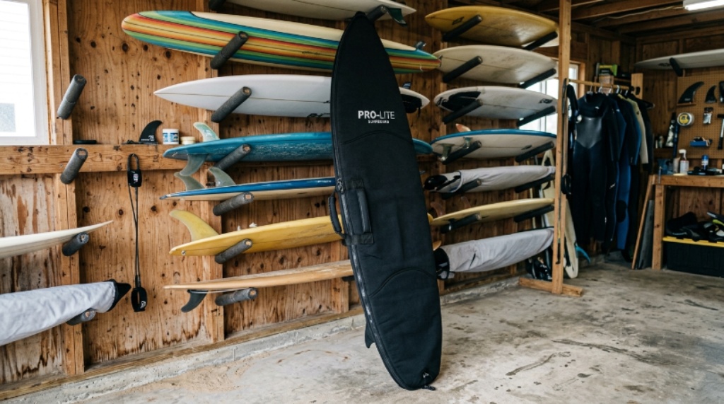 A surfboard wrapped in a neoprene protective cover leaning against a storage wall with multiple boards