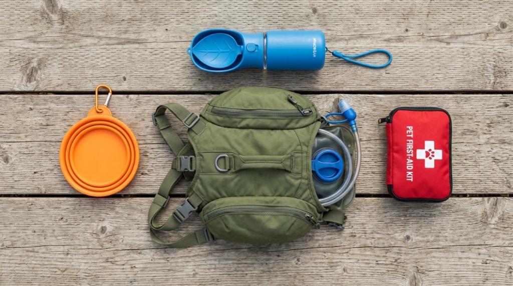 Top-down view of essential dog hiking gear including collapsible bowls and portable water bottles.