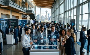 Seattle business professionals attending a big data networking conference in 2026 with AI presentation screens