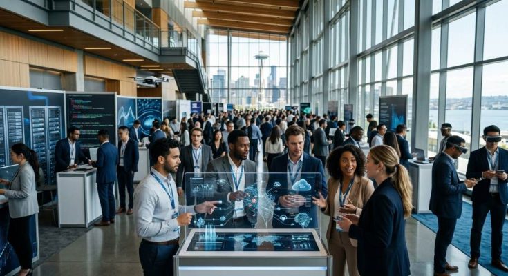 Seattle business professionals attending a big data networking conference in 2026 with AI presentation screens