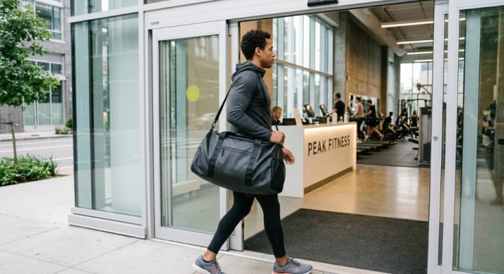 Sleek premium gym bag sitting on a clean floor next to fitness gear.