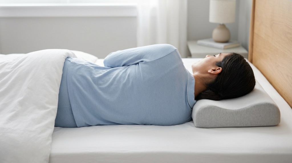 Person sleeping on side with straight spine alignment on cervical pillow.