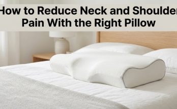 Orthopedic contour pillow on a bed with article title overlay text.