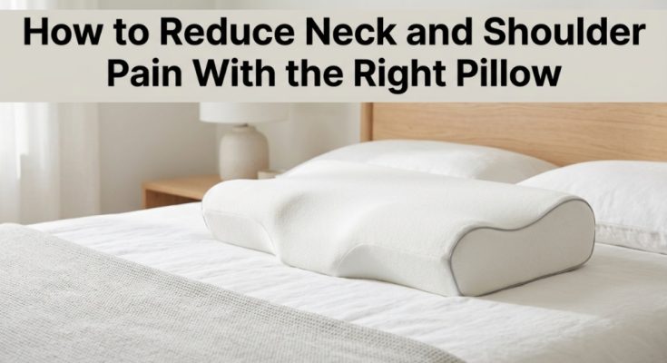 Orthopedic contour pillow on a bed with article title overlay text.