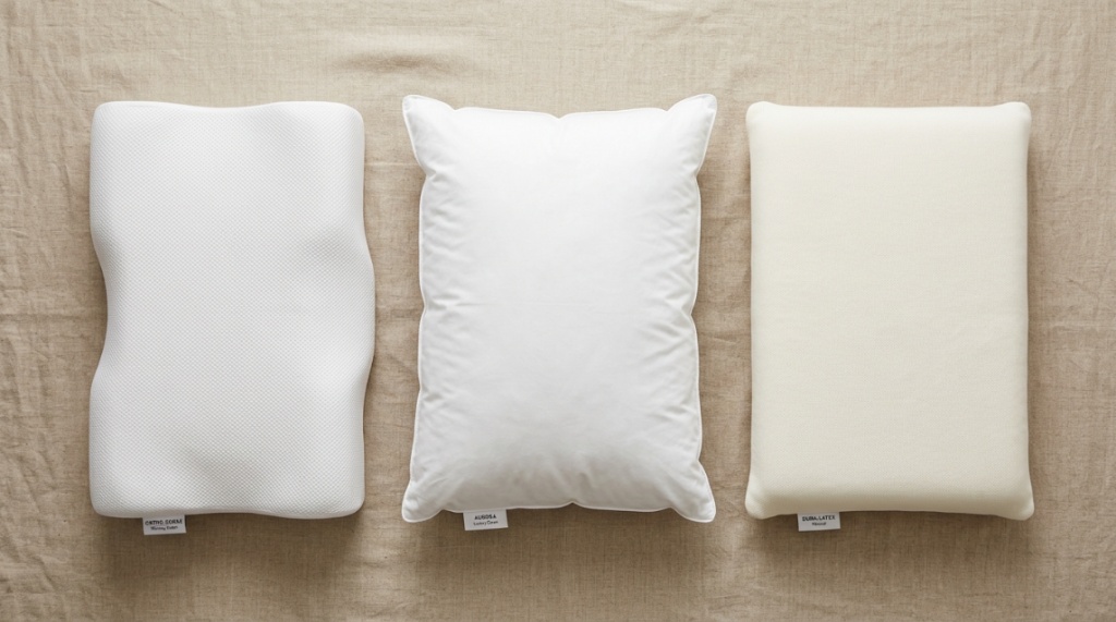 Memory foam, feather, and latex pillows displayed on linen sheets.