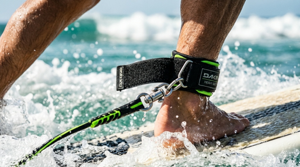 Close-up of a surfer checking a durable ankle cuff on a budget leash.
