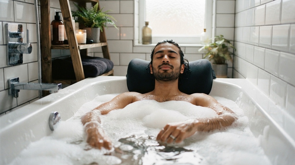 Man relaxing in a warm tub with a supportive neck pillow.