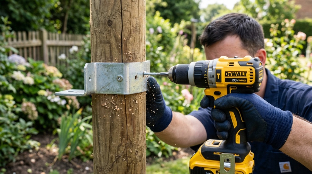 Person drilling a metal mounting bracket onto a wooden garden post.
