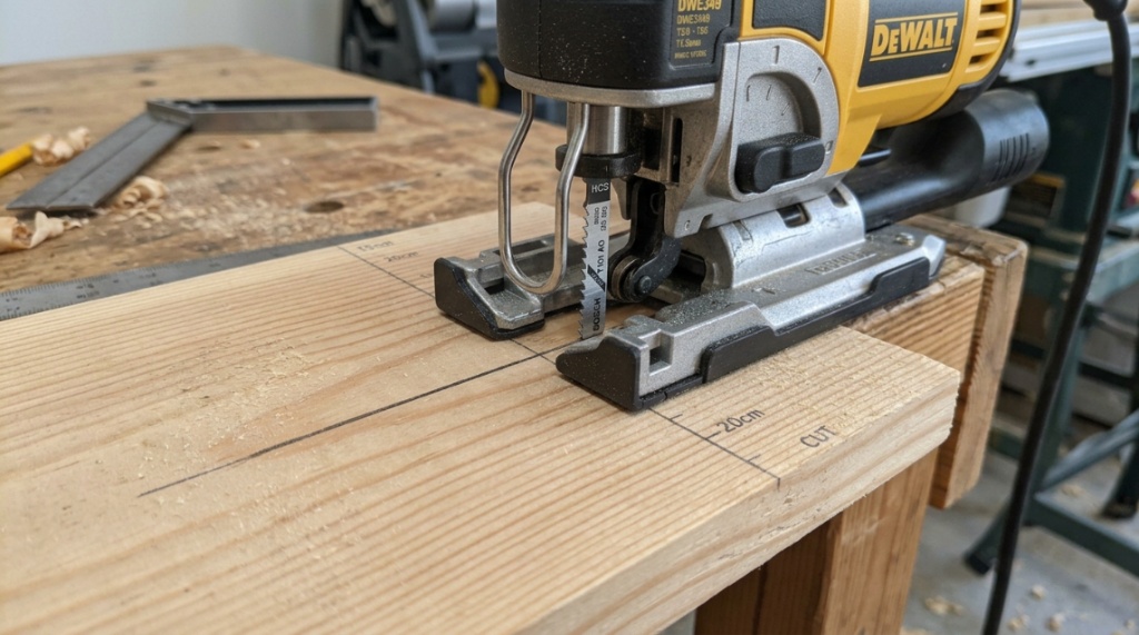 Close-up of a jigsaw blade aligned with a pencil line on wood.