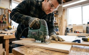 Person making a straight cut in plywood with a cheap jigsaw.