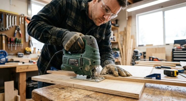 Person making a straight cut in plywood with a cheap jigsaw.