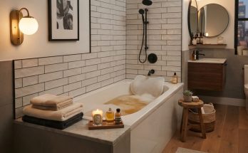 Ergonomic white bath pillow installed in a deep New York City soaking tub.