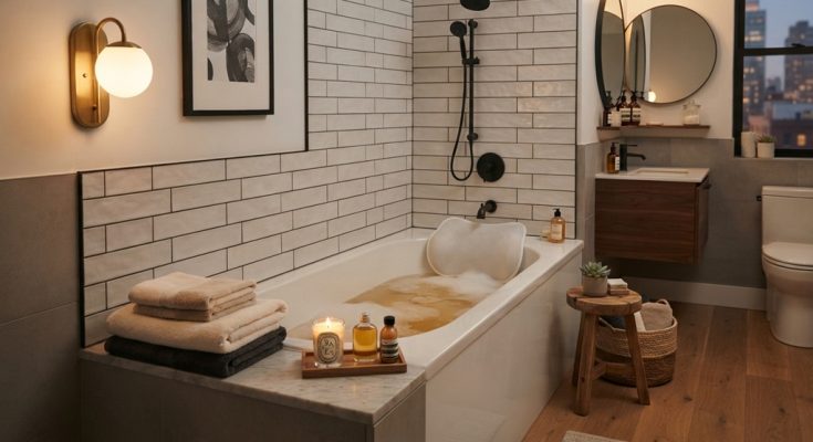 Ergonomic white bath pillow installed in a deep New York City soaking tub.