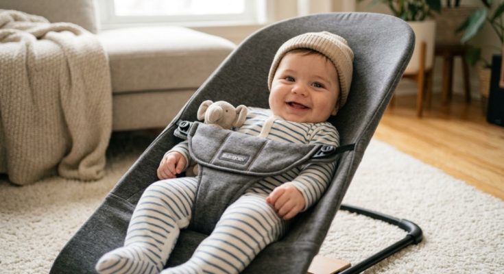Modern breathable mesh baby bouncer placed inside a sunny nursery.