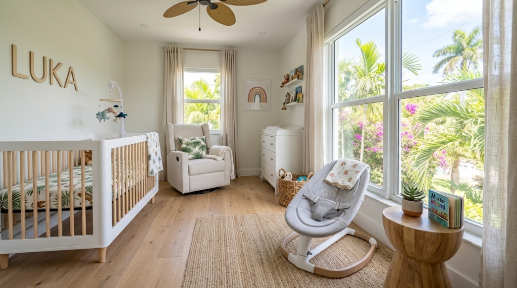 Happy infant resting comfortably in an ergonomic fabric baby bouncer.